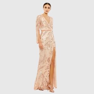 Mac DuggalSequined Faux Wrap Split Long Sleeve Gown